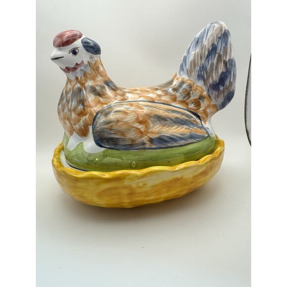 2 pc Chicken Canister Lid Colorful‎ Ceramic Hen Candy Jar Trinket Made Portugal - Picture 7 of 10
